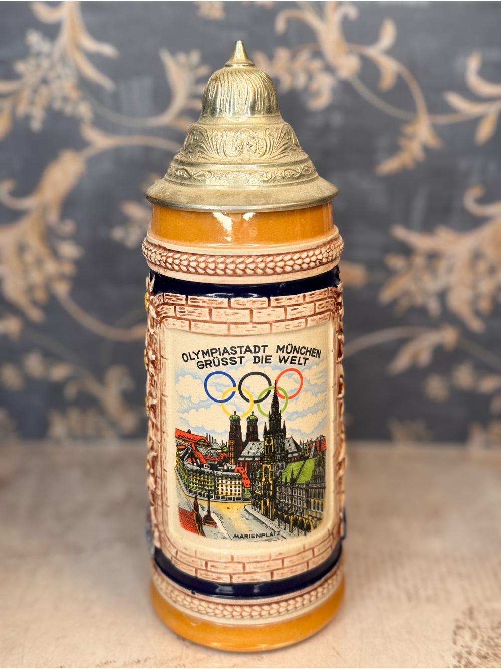 Vintage GERZ Munich 1972 Olympics Lidded German Beer Stein Marienplatz
